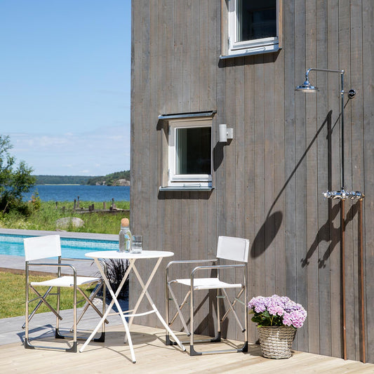 Fiam Regista utestoler. Beige texfil med aluminium ramme. Sammenleggbar. 2 stk på lager.