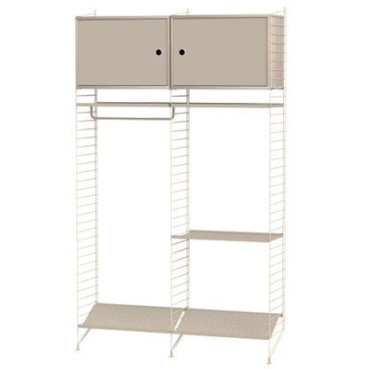 String oppsett til gang. Gavler på 2 meter x 30 cm dybde, metallhyller og skap. Flere fargevarianter.